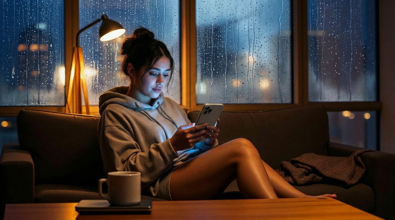 Mujer joven sola en el sofá de su apartamento, iluminada por la pantalla del celular, con lluvia cayendo sobre los ventanales al fondo