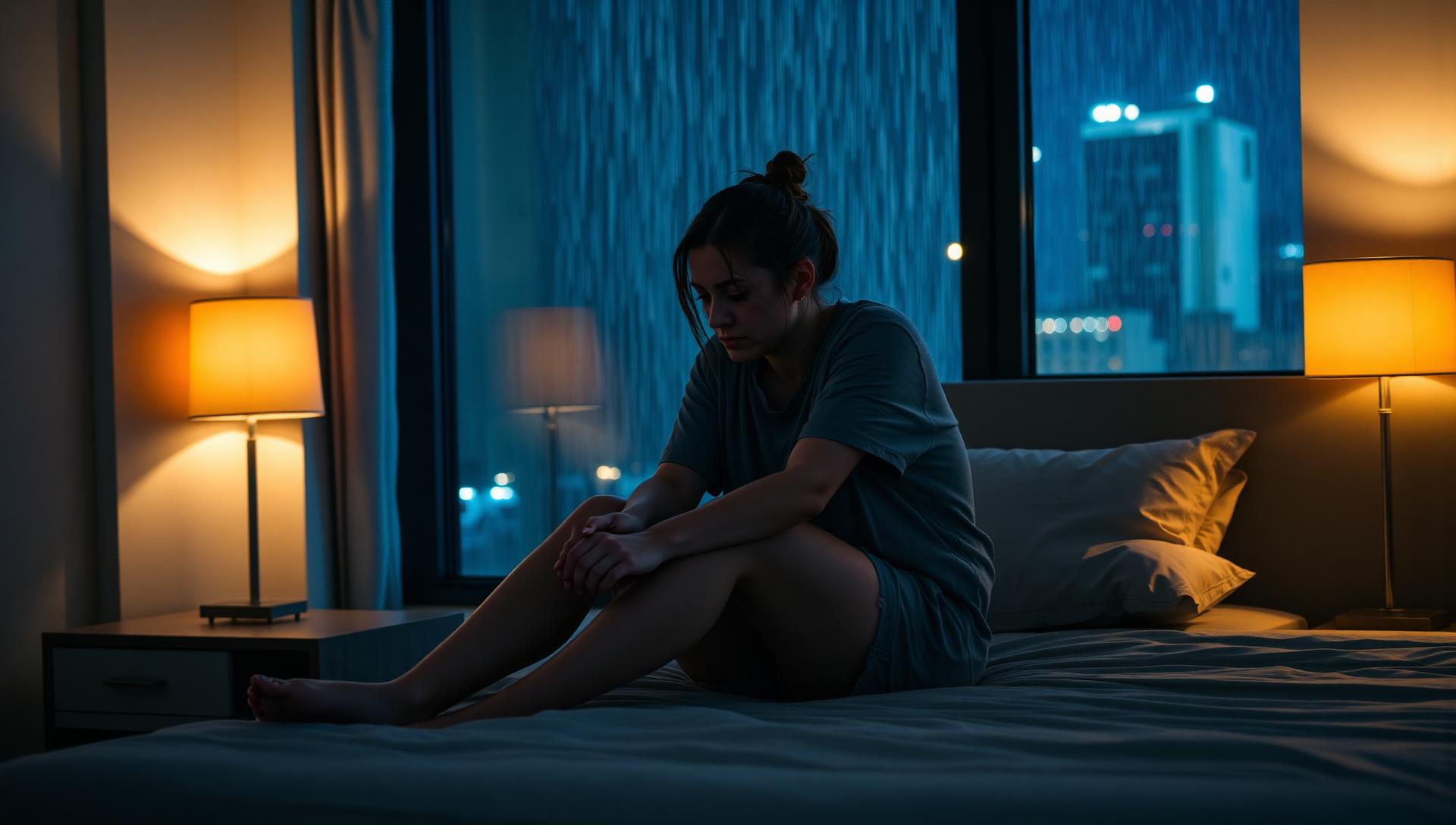 Mujer sentada al borde de la cama de madrugada en un apartamento moderno, lluvia sobre los ventanales al fondo