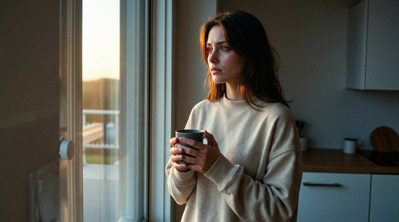 Mujer al amanecer junto a la ventana de su cocina moderna, con una taza de café, mirando afuera con expresión serena
